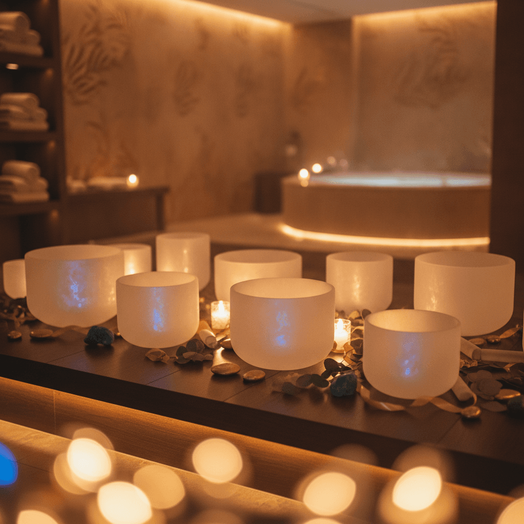 Larissa Steinbach guiding a sound healing session at Soul Art Dubai, featuring participants experiencing low-frequency sound for emotional grounding and deep relaxation.