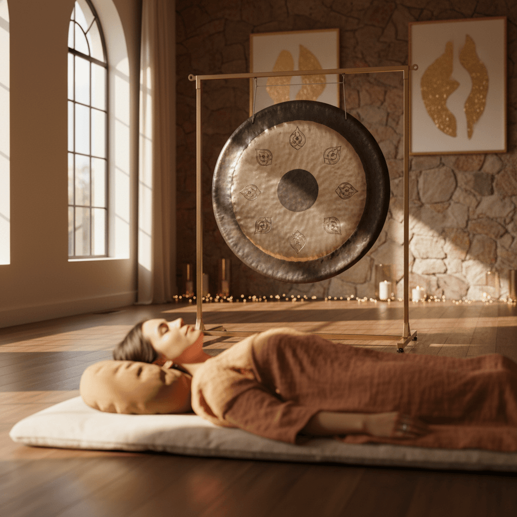 A tranquil scene at Soul Art Dubai, showing a person meditating amidst softly glowing crystal singing bowls, symbolizing the gentle power of sound wellness as championed by Larissa Steinbach.