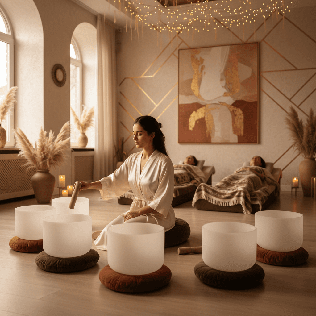 A serene image of a full moon reflecting on water with crystal singing bowls in the foreground, symbolizing Soul Art's Lunar Cycles Monthly Moon Sound Practice led by Larissa Steinbach.