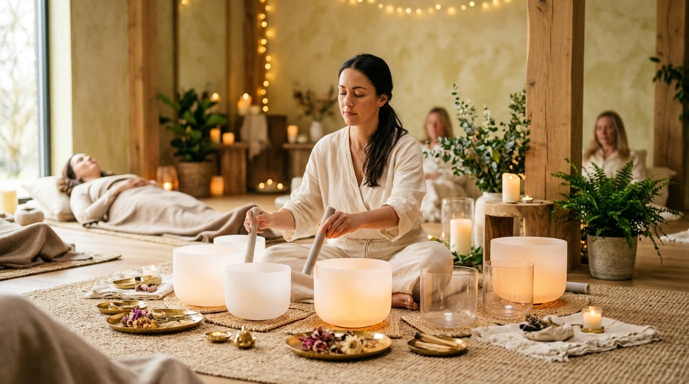 Eine Frau mit geschlossenen Augen in einem ruhigen, luxuriösen Raum, umgeben von Klangschalen und sanftem Licht, verkörpert die transformative Kraft der Rituale bei Soul Art Dubai, gegründet von Larissa Steinbach.