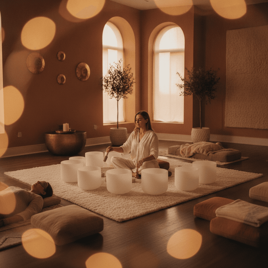 A tranquil scene inside Soul Art Dubai, featuring a luxurious vibroacoustic sound bed, inviting deep relaxation and holistic wellness. Larissa Steinbach's studio offers a serene escape for stress relief.