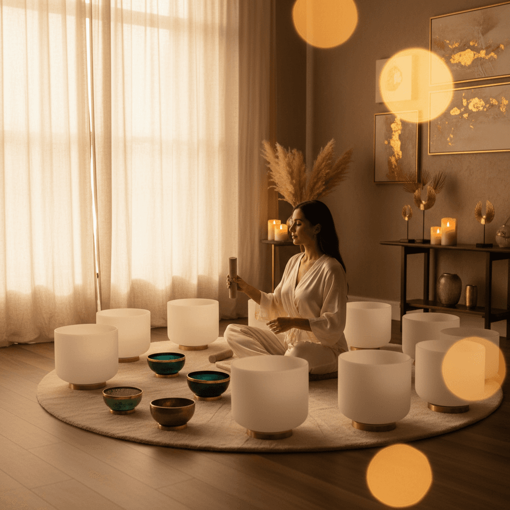 A large Tibetan singing bowl resonating with gentle vibrations, symbolizing lymphatic drainage enhancement at Soul Art Dubai, founded by Larissa Steinbach.