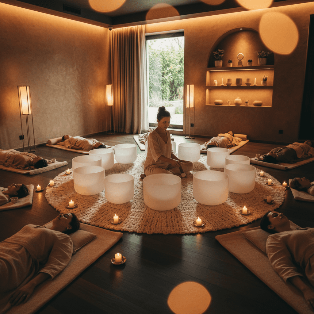 امرأة تستمع إلى سماعات رأس في بيئة هادئة، مما يرمز إلى العلاج الصوتي التكيفي بالتعلم الآلي في سول آرت بدبي، بقيادة لاريسا شتاينباخ.