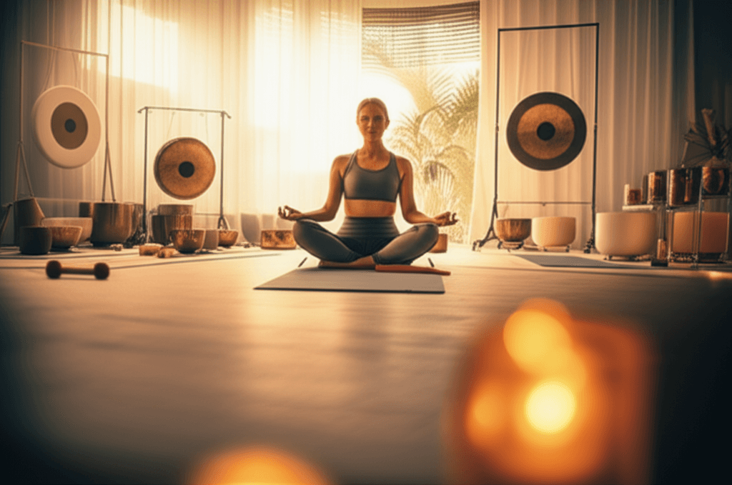 Eine Frau praktiziert Mantra-Meditation, ihre Hände sind in einer Geste der inneren Ruhe gefaltet, umgeben von sanftem Licht, was die transformative Kraft der Stimme bei Soul Art unter Larissa Steinbach symbolisiert.