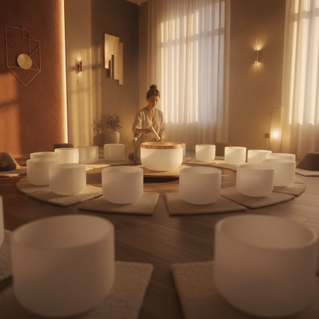 A person meditating in a serene sound wellness studio, surrounded by glowing crystal bowls and gongs, illustrating the immersive experience at Soul Art with Larissa Steinbach.