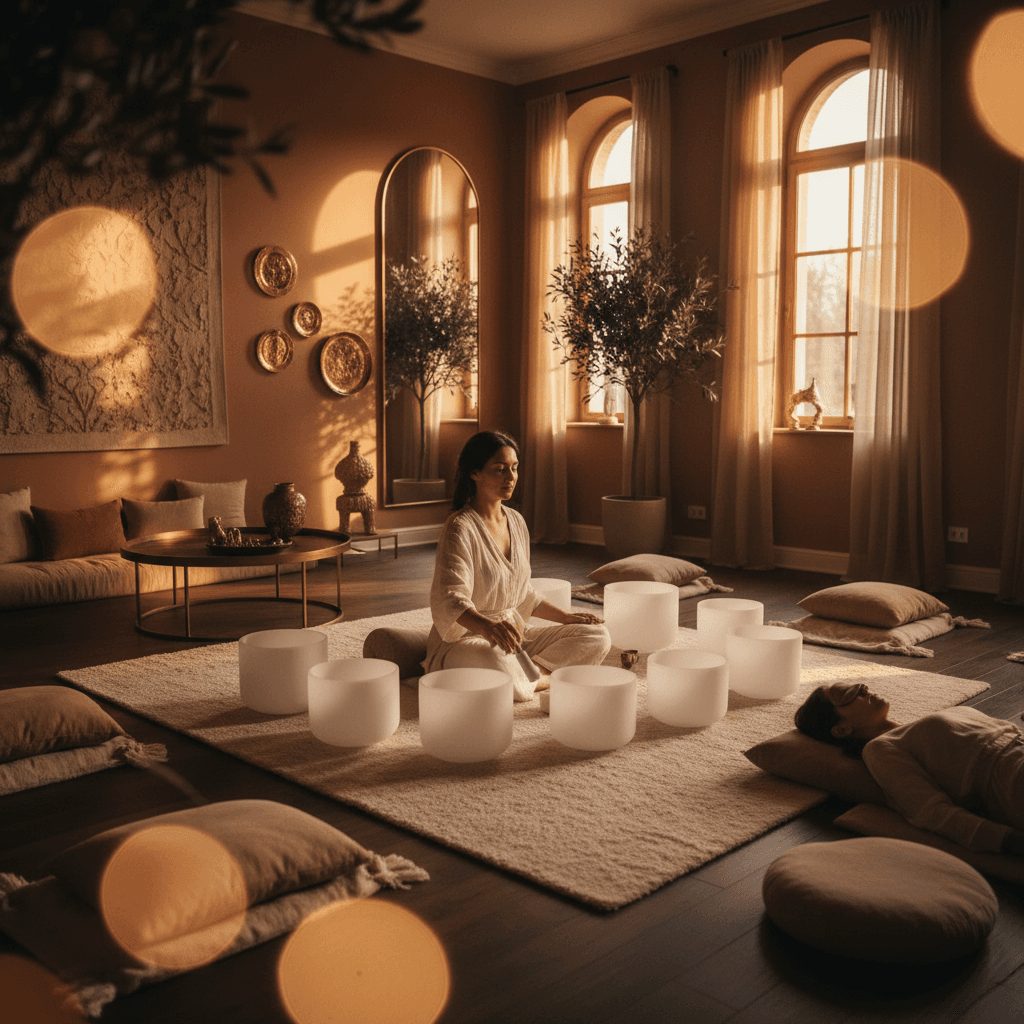 Larissa Steinbach von Soul Art Dubai in einer entspannenden Klang-Wellness-Sitzung, die die neuesten Erkenntnisse der Mayo Clinic Klangforschung zur Förderung von Wohlbefinden und Entspannung integriert.
