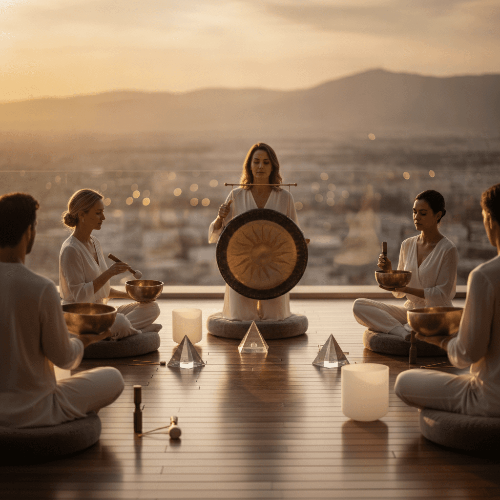 Larissa Steinbach von Soul Art leitet eine Klang-Wellness-Sitzung in einem eleganten Unternehmensumfeld, das auf die Messung von Mitarbeiterwohlbefinden und Geschäftsergebnissen ausgerichtet ist.