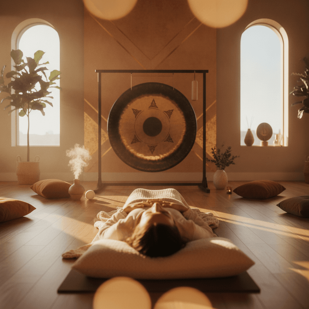 A person meditating during a sound bath session, surrounded by glowing singing bowls, illustrating the deep relaxation achieved at Soul Art Dubai by Larissa Steinbach.