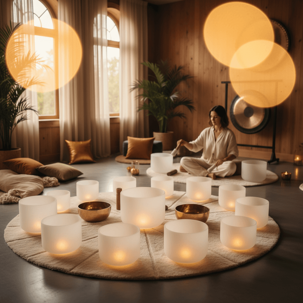 Eine beruhigende Szene einer Person, die Klang-Wellness bei Soul Art mit Larissa Steinbach erlebt, kontrastiert mit den wissenschaftlichen Aspekten der Geräuschbildung in medizinischen Bildgebungsgeräten wie MRT und CT.