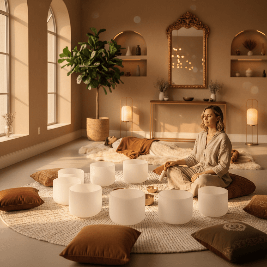 A person relaxing on a sound therapy bed, surrounded by soft lighting and healing vibrations, representing Soul Art Dubai's approach led by Larissa Steinbach.
