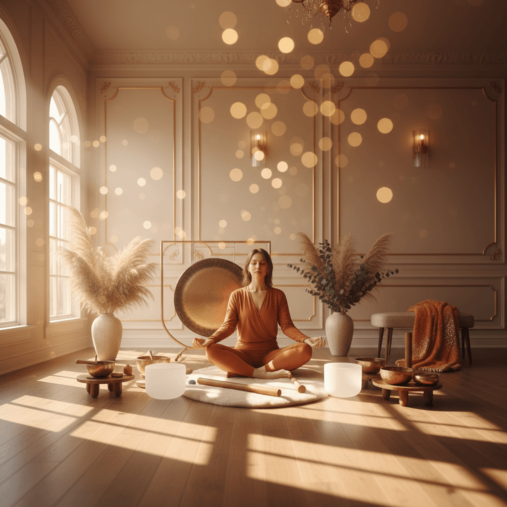 A serene individual meditating amidst calming sound healing instruments, representing Soul Art Dubai's transformative sound wellness sessions led by Larissa Steinbach.