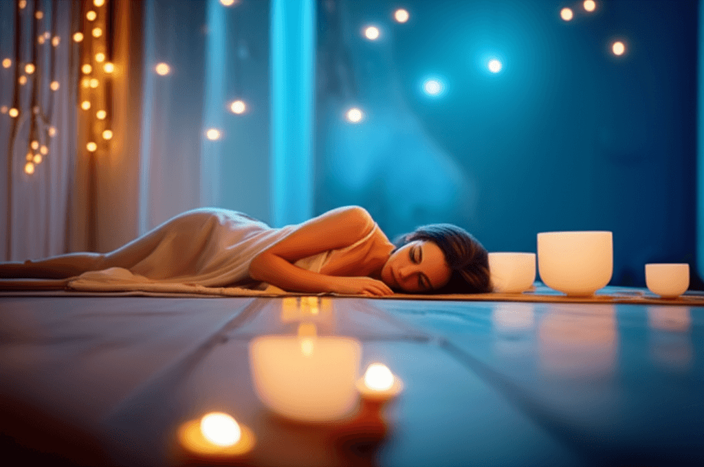 Larissa Steinbach guiding a profound sound wellness session at Soul Art Dubai, illustrating how the careful orchestration of evening sound optimizes melatonin for restful, restorative sleep and overall well-being.