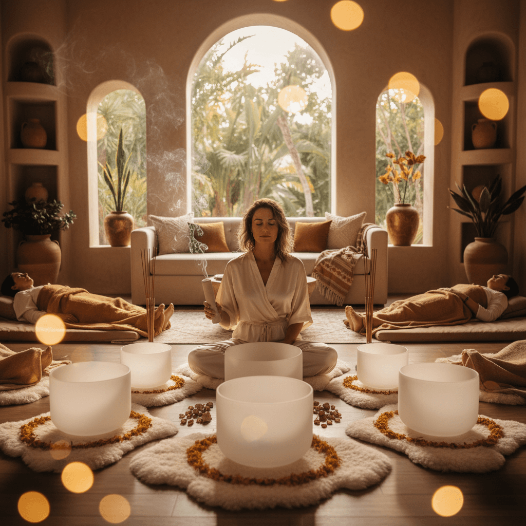 A serene setting with crystal singing bowls, bathed in soft, ethereal light, symbolizing Soul Art's memorial sound experiences led by Larissa Steinbach, designed for holistic wellness and remembrance.