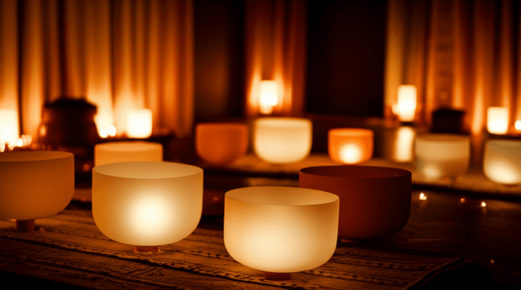 Eine Person meditiert umgeben von sanftem Licht und Klangschalen, symbolisierend die Klanggedenkdienste von Soul Art und Larissa Steinbach zur Ehrung Verstorbener und zur Unterstützung der Trauerarbeit.