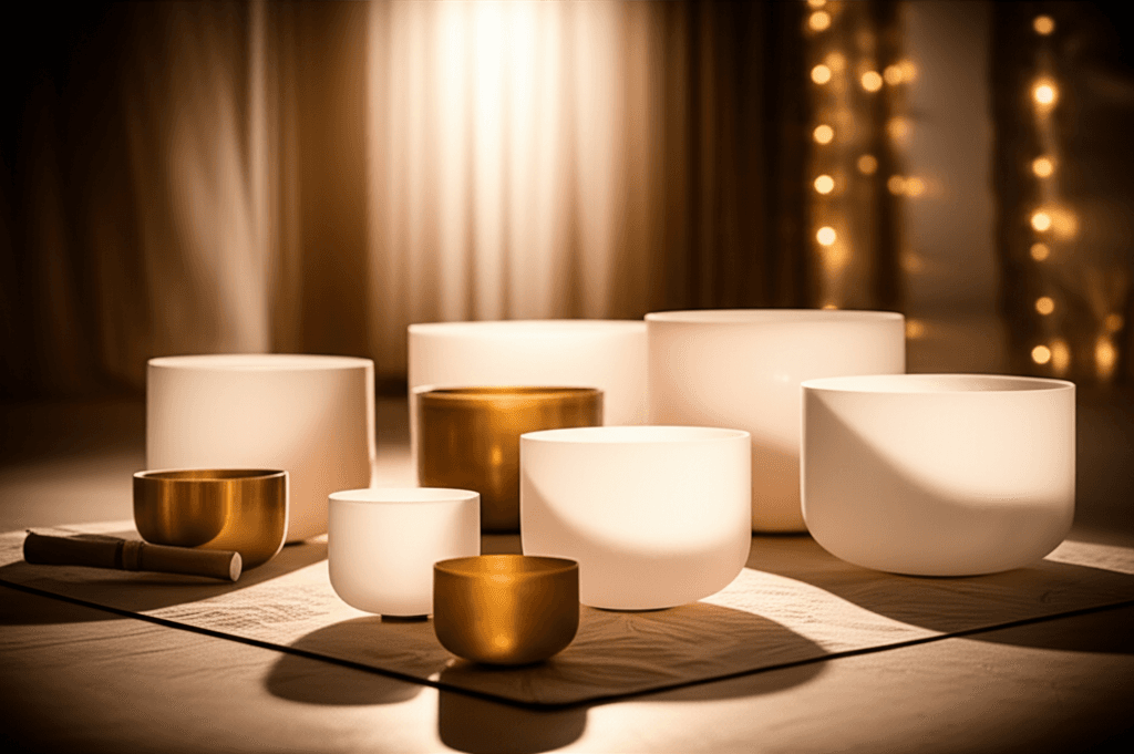 Larissa Steinbach of Soul Art guiding a serene sound wellness session, with crystal singing bowls and gentle light, supporting memory care and cognitive health.