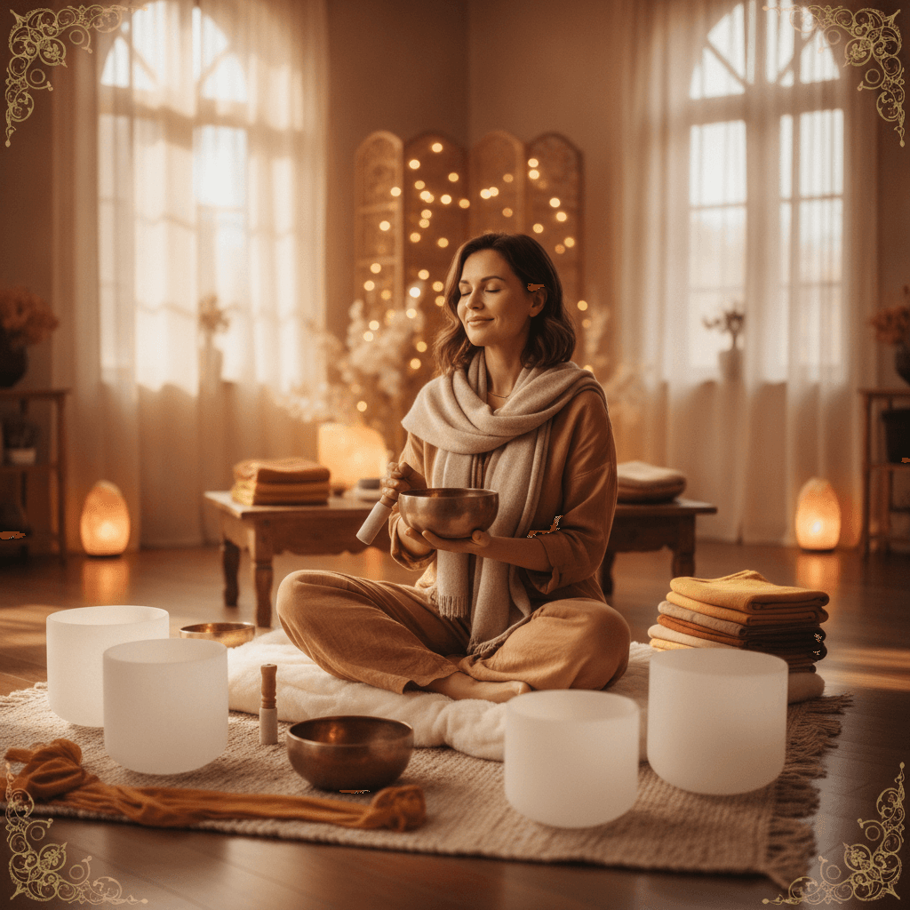 A man deeply relaxed during a sound wellness session, surrounded by gentle light, embodying the tranquil experience offered by Soul Art Dubai with Larissa Steinbach.