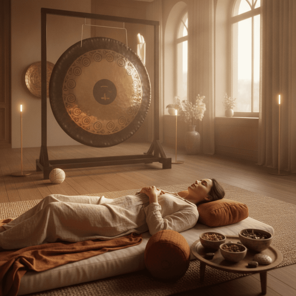 صورة لرجل يستلقي بهدوء في جلسة حمام صوت خاص مع أدوات العلاج الصوتي مثل الأوعية الكريستالية، في استوديو سول آرت بدبي الذي أسسته لاريس ستاينباخ.