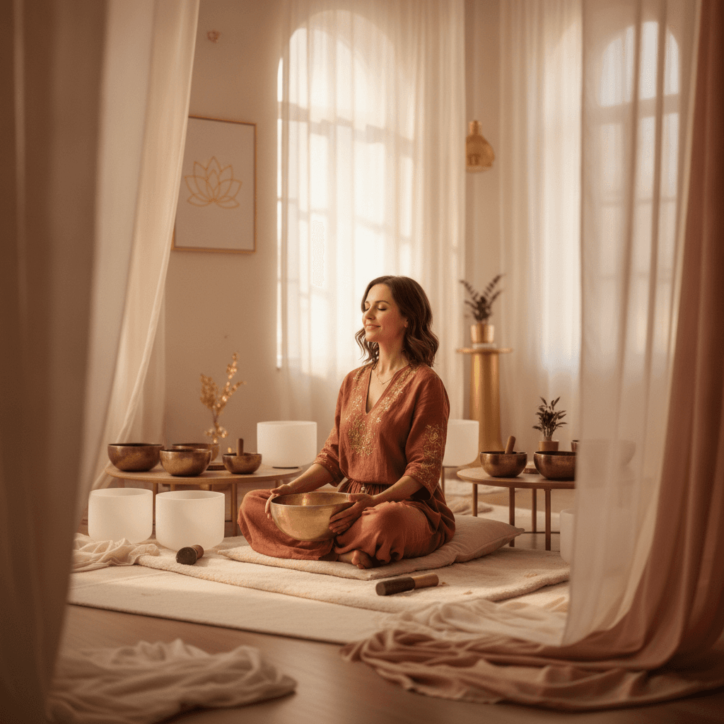 Larissa Steinbach guides a men's shared sound wellness session at Soul Art Dubai, focusing on deep relaxation to reduce relationship stress and enhance connection.