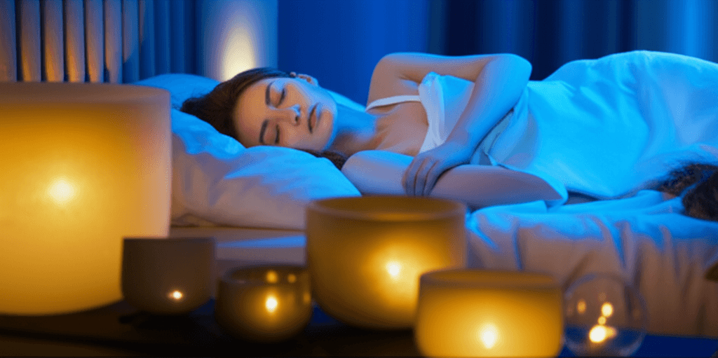 A woman experiencing deep relaxation during a sound bath session at Soul Art Dubai, enhancing sleep wellness through the methods of Larissa Steinbach.