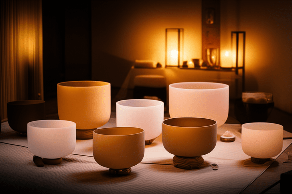 A woman relaxing during a sound healing session at Soul Art Dubai, led by Larissa Steinbach, with crystal singing bowls creating a serene atmosphere for menstrual cycle wellness.