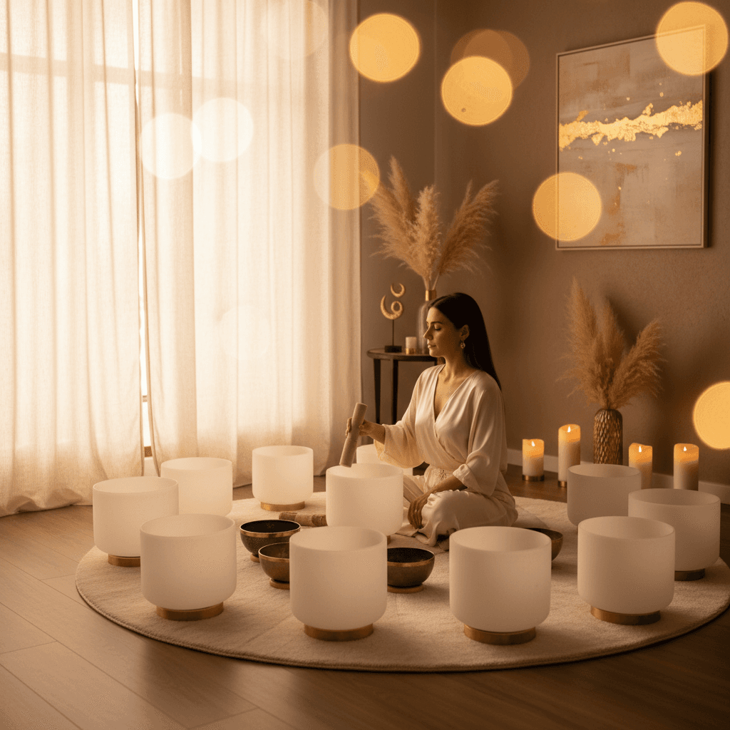 A tranquil sound healing session at Soul Art Dubai, featuring crystal singing bowls and ambient lighting, promoting rest and release during the menstrual phase as guided by Larissa Steinbach.