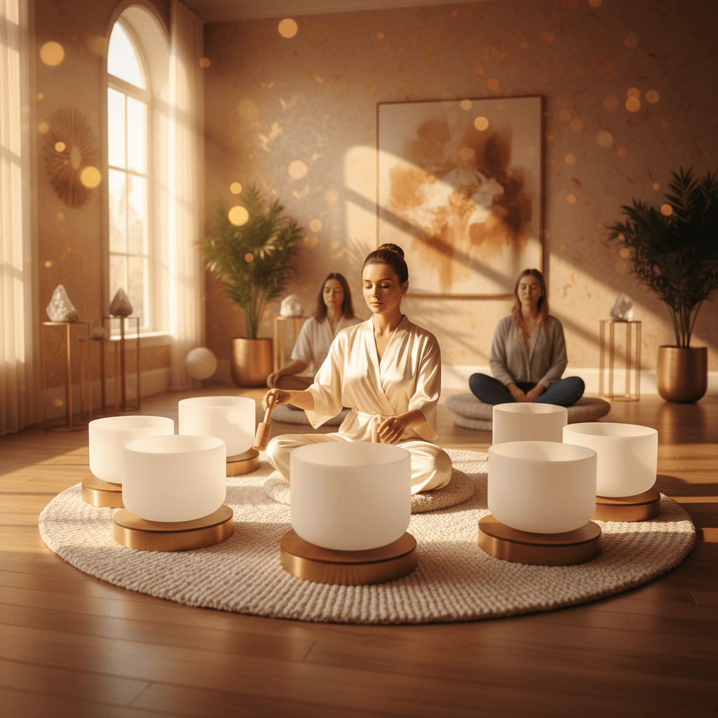 A person meditating in a serene, glowing virtual reality environment, featuring ethereal sound waves and calming visuals. Soul Art and Larissa Steinbach blend ancient wisdom with future technology for digital wellness.