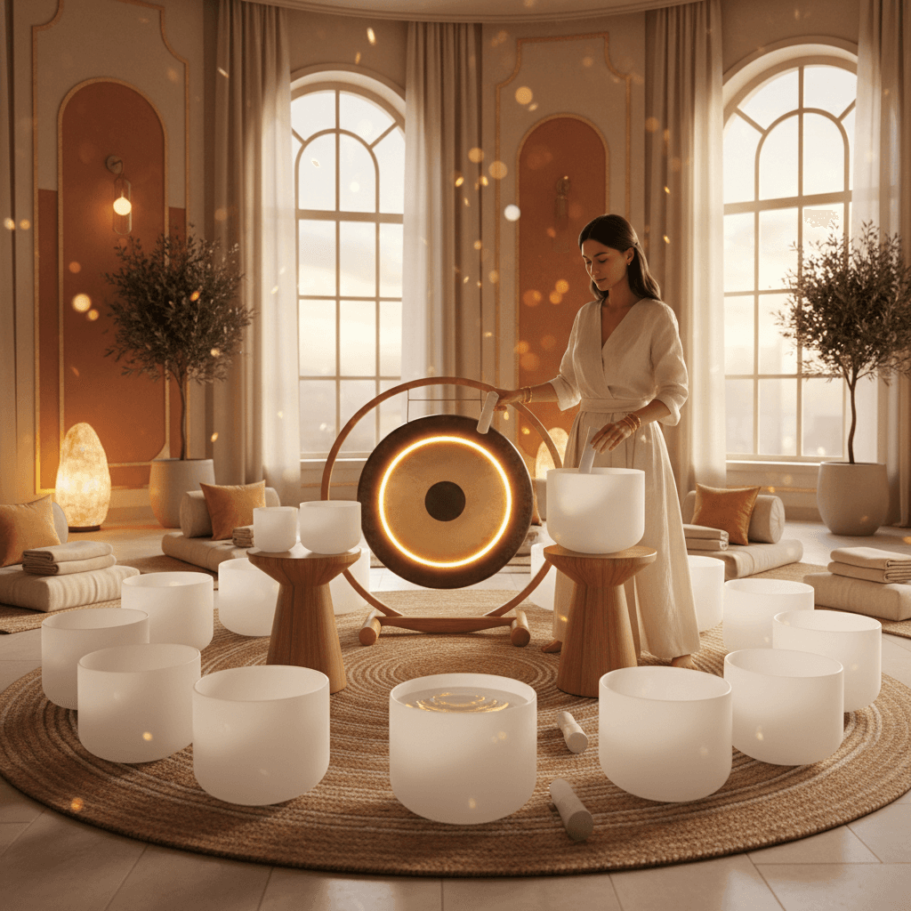 A person meditating amidst calming sound instruments, representing the restorative power of Soul Art's microdose sound sessions, guided by Larissa Steinbach.