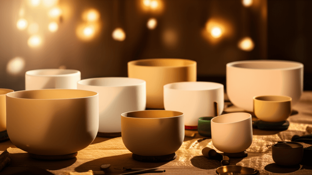 A serene image of crystal singing bowls glowing in a tranquil setting at Soul Art Dubai, symbolizing holistic relief for migraine prevention led by Larissa Steinbach. Sound wellness journey.