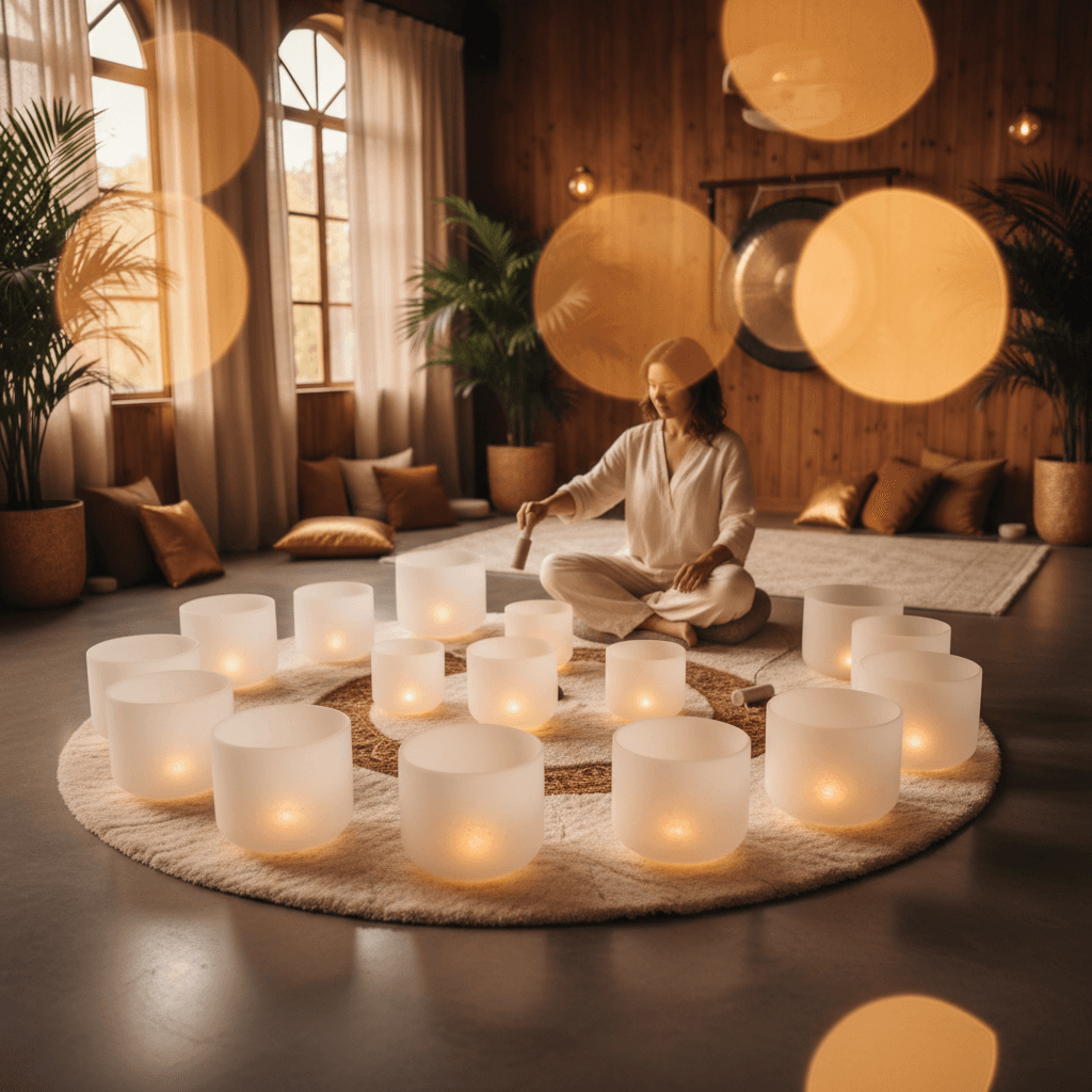 Larissa Steinbach, founder of Soul Art, demonstrating sound wellness with crystal singing bowls, representing early intervention with frequencies for Mild Cognitive Impairment (MCI) and enhanced cognitive health.