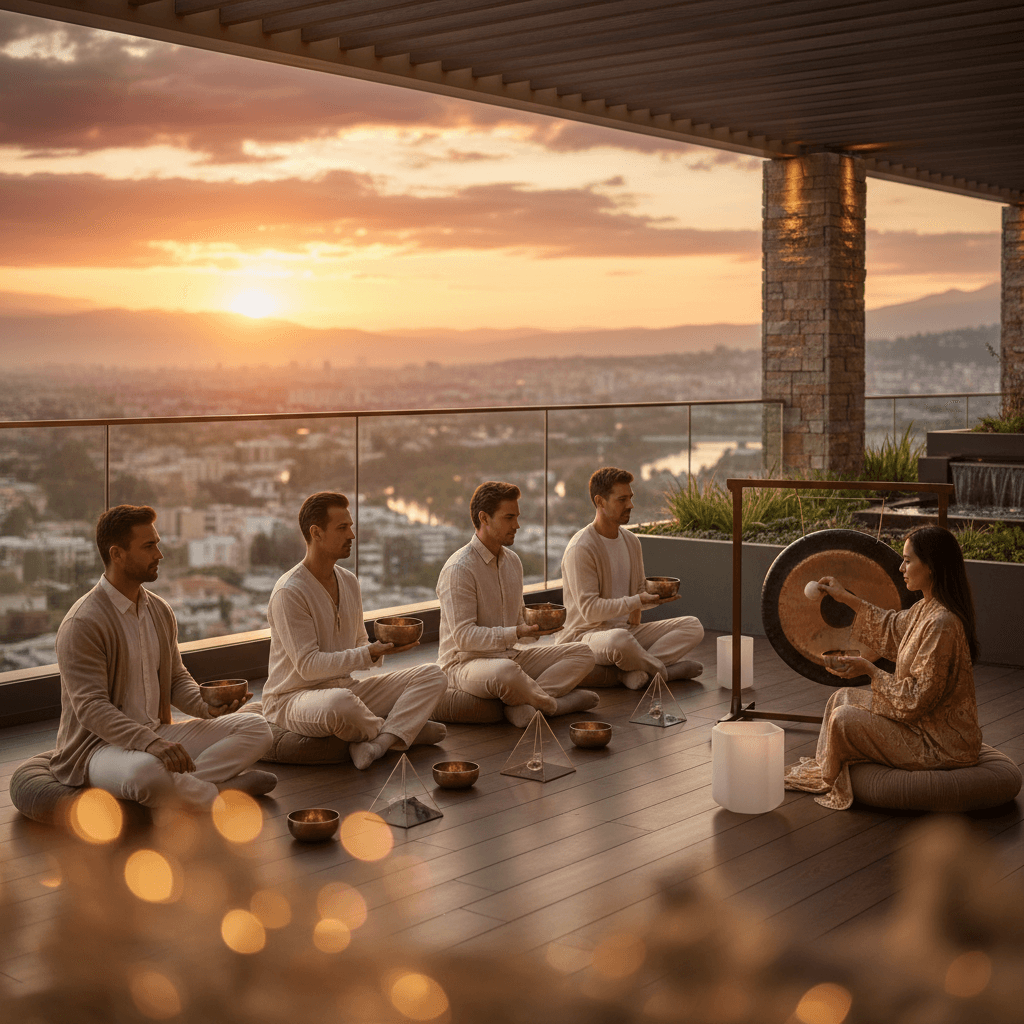 Larissa Steinbach leading a sound wellness session at Soul Art Dubai, featuring crystal bowls for mindful leadership development and enhanced executive well-being.