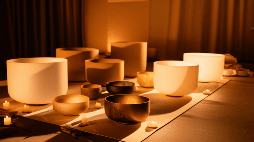 Larissa Steinbach facilitating a sound wellness session at Soul Art Dubai, featuring crystal singing bowls and calming light, promoting mindful living and deep relaxation.