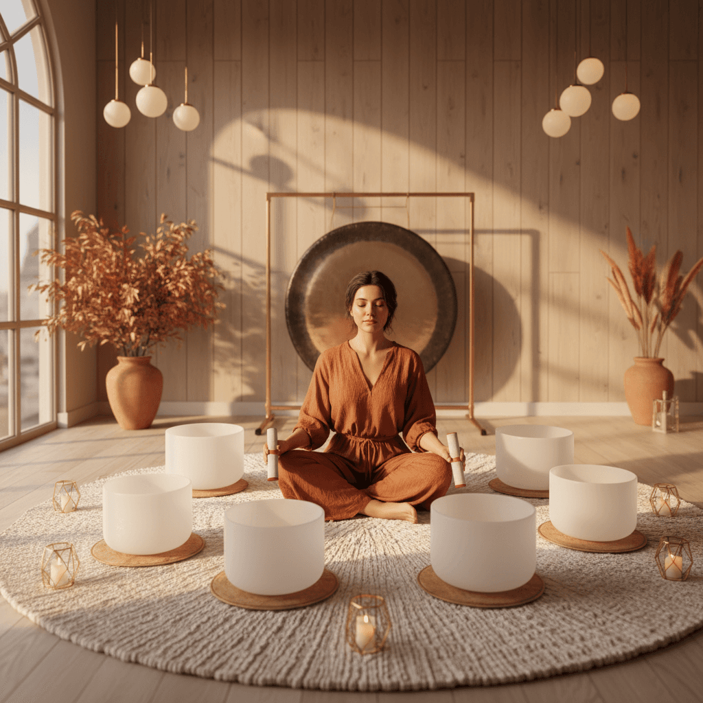 Soul Art Dubai sound bowls and Larissa Steinbach guiding a mindful sound session for deep relaxation and present awareness