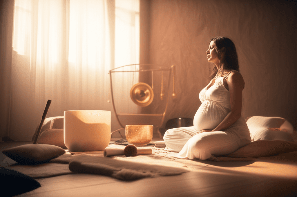 Eine Frau liegt entspannt auf einer Matte, umgeben von Klangschalen, während einer unterstützenden Klang-Wellness-Sitzung bei Soul Art Dubai, geleitet von Larissa Steinbach, zur Begleitung nach einem Schwangerschaftsverlust.