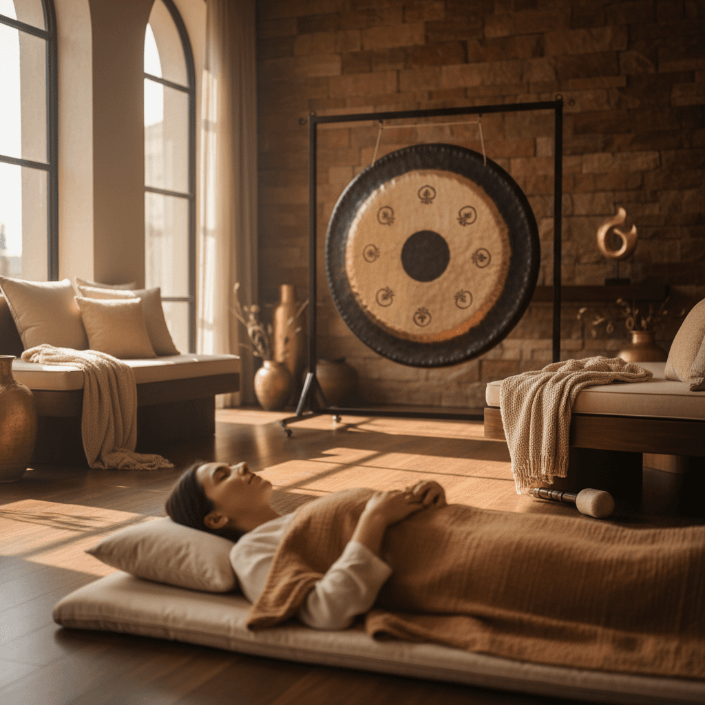 A person meditating in a serene, softly lit studio, surrounded by crystal singing bowls, representing Soul Art's calming sound bath experience for sensory well-being with Larissa Steinbach.
