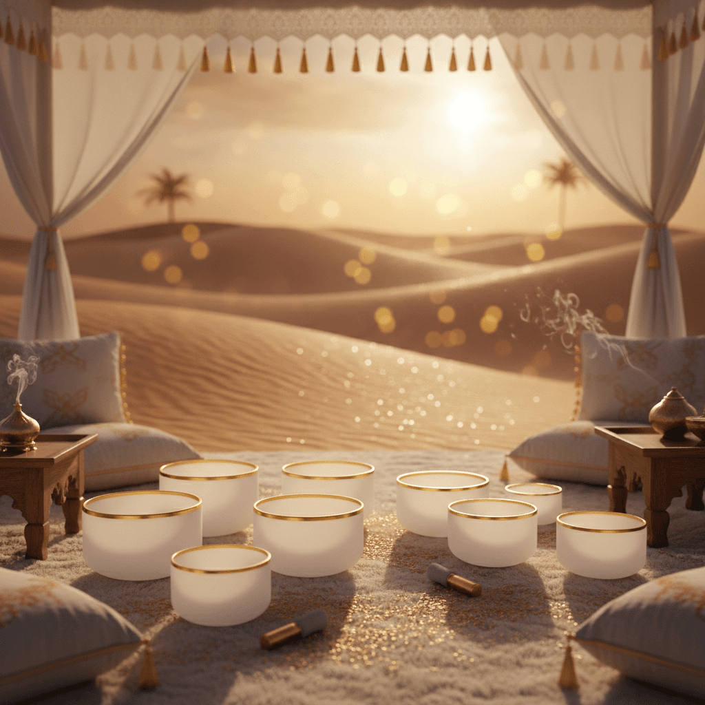A person meditating during a sound bath at Soul Art Dubai, with soft lighting and various sound healing instruments. Larissa Steinbach and her studio focus on mindful hearing protection for sensitive clients while offering deep relaxation and holistic wellness through ancient sound practices vali...