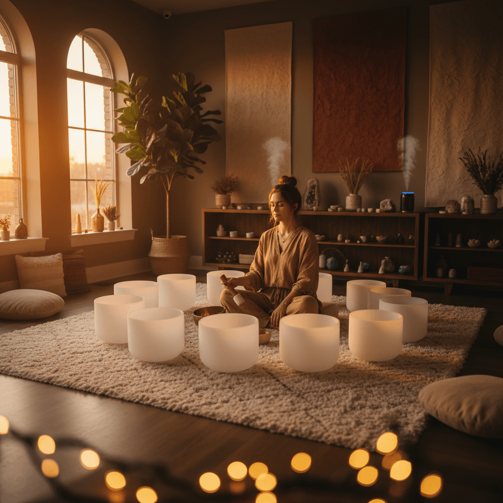صورة لسرير المونوكورد الخشبي الجميل، مع اهتزازات صوتية متخيلة، في استوديو سول آرت. تُظهر الصورة جوًا هادئًا يعكس نهج لاريسا شتاينباخ في العلاج الصوتي الشامل والعافية الشاملة.