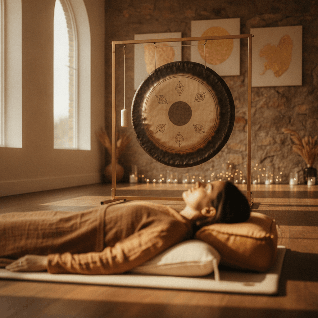 Eine goldene Klangschale bei einem Mondritual, beleuchtet von sanftem Licht, umgeben von Kristallen. Entspannung und ganzheitliches Wohlbefinden bei Soul Art Dubai mit Larissa Steinbach.