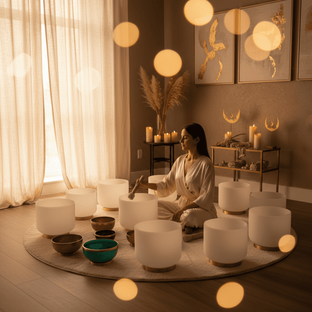 A person meditating with headphones, bathed in soft morning light, surrounded by gentle imagery, representing the 'Morning Creative Ritual: Sound for Inspiration' at Soul Art with Larissa Steinbach.