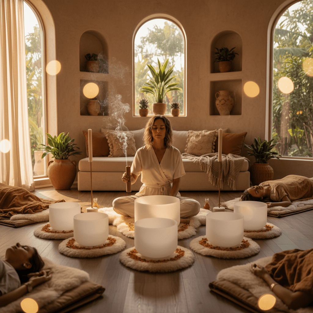 امرأة تمارس التأمل مع أوعية الغناء الكريستالية في استوديو هادئ. تُبرز الصورة أهمية تحسين توقيت جلسات الصوت العلاجية في سول آرت بدبي، بإشراف لاريسا ستاينباخ، لتحقيق أقصى درجات الاسترخاء والرفاهية.