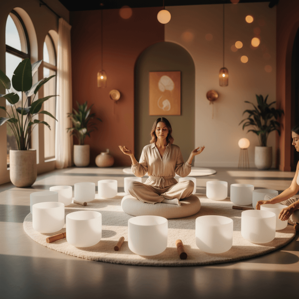 A mother and daughter meditating together in a serene, sound-healing studio, holding hands, with beautiful crystal singing bowls in the foreground. This image highlights the profound connection fostered by Soul Art Dubai and its founder, Larissa Steinbach.