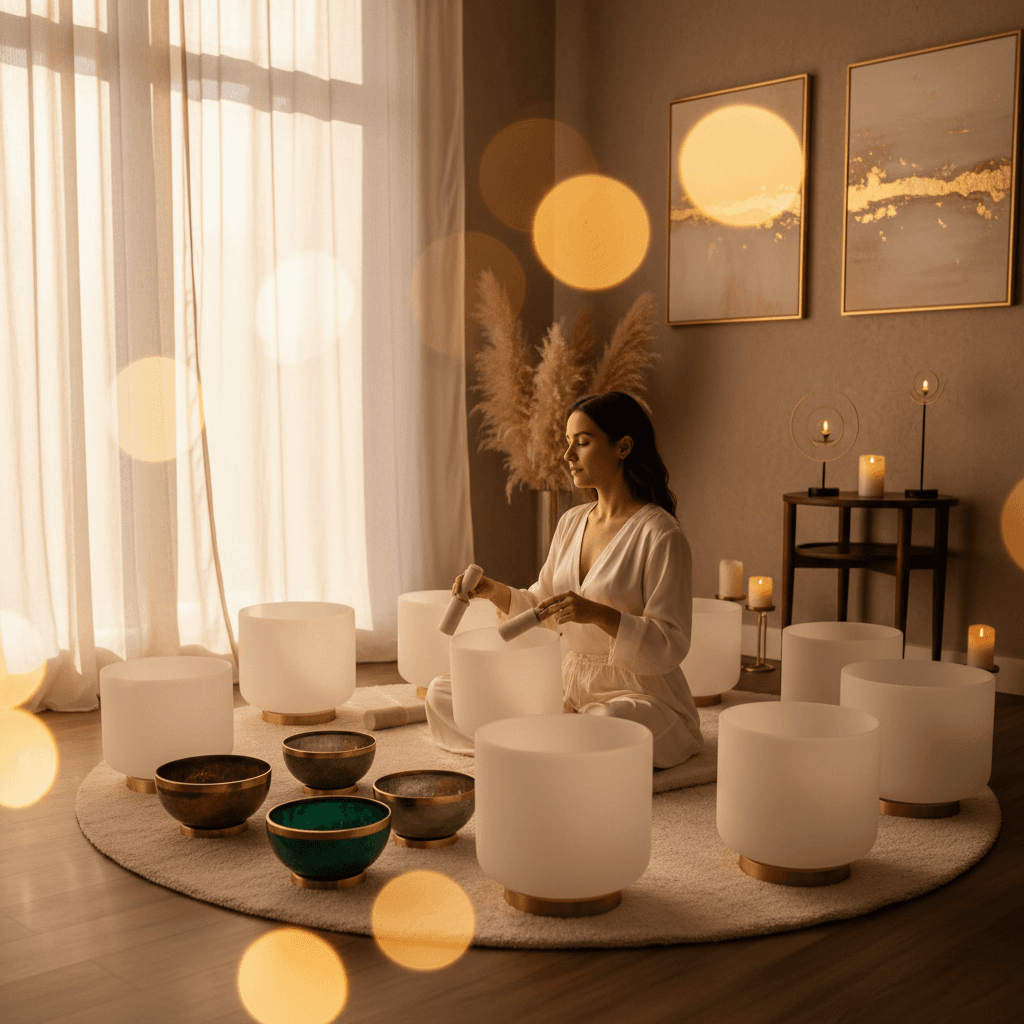 امرأة تستمتع بجلسة العافية الصوتية في سول آرت دبي، مع أوعية الغناء الكريستالية. الصورة تجسد الاسترخاء العميق والاتصال بالذات، مع تسليط الضوء على خبرة لاريسا شتاينباخ في تكريم الأنوثة.