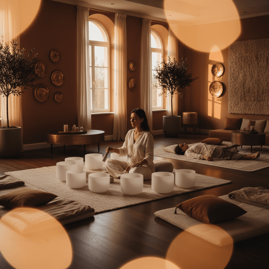 Eine Person meditiert in einem ruhigen Raum, umgeben von Klangschalen, mit dem Logo von Soul Art Dubai und dem Namen Larissa Steinbach, als Symbol für ganzheitliches Wohlbefinden und innere Ruhe.