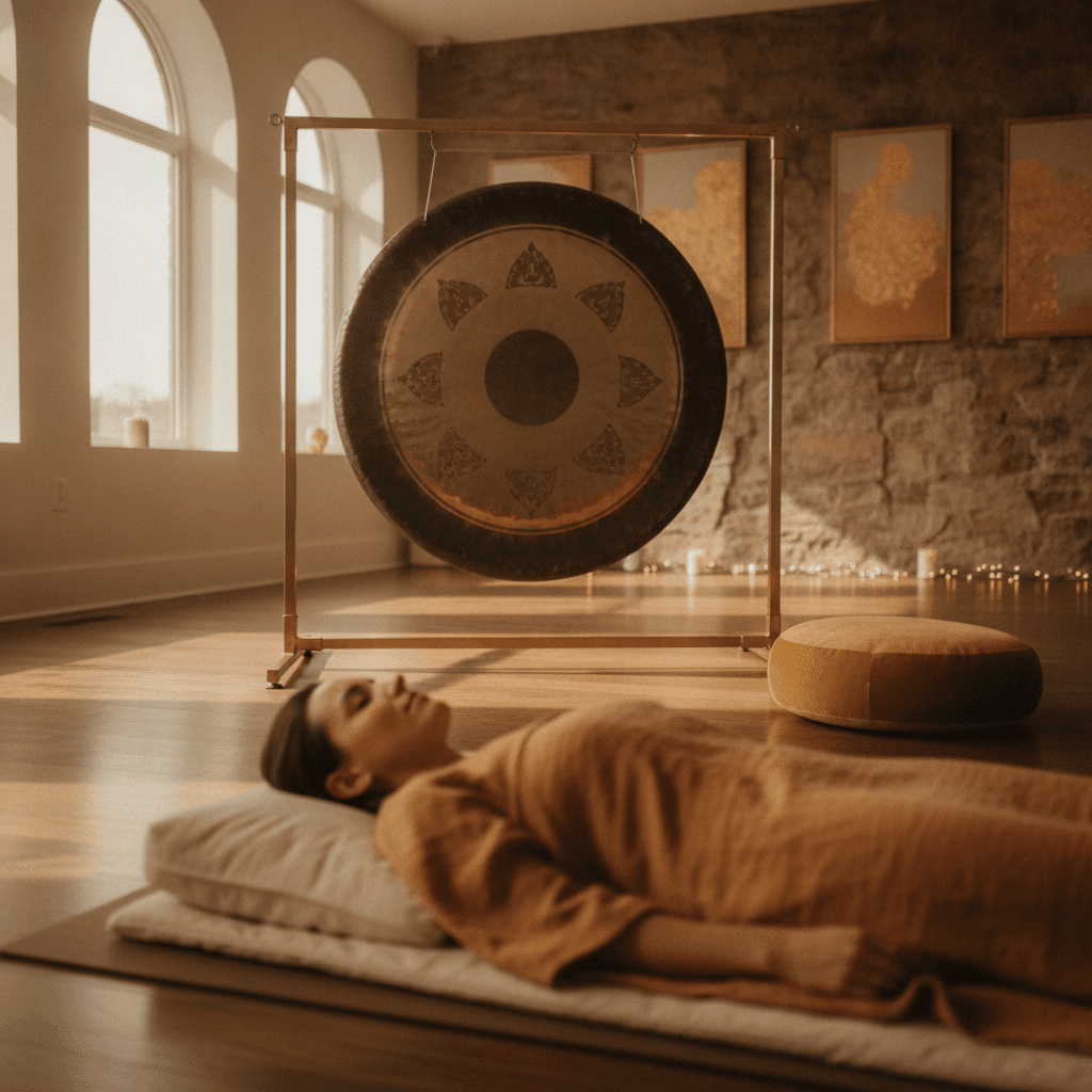 Eine harmonische Komposition aus Klangschalen und Gongs in einem ruhigen Raum, die die beruhigende Atmosphäre von Soul Art Dubai unter Larissa Steinbachs Führung einfängt und Entspannung suggeriert.