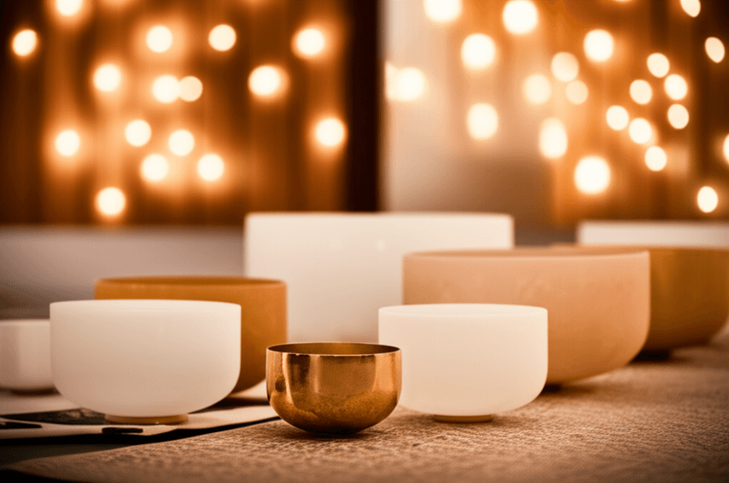 A person experiencing profound relaxation during a sound bath session, surrounded by singing bowls and gentle light, representing muscle tension release through sound at Soul Art by Larissa Steinbach.