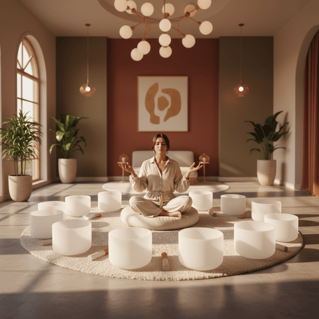 A woman in a peaceful meditation state wearing a Muse headband and wireless earbuds, with a subtle overlay of brainwave patterns, symbolizing enhanced focus and inspiration through Soul Art's sound wellness led by Larissa Steinbach in Dubai.