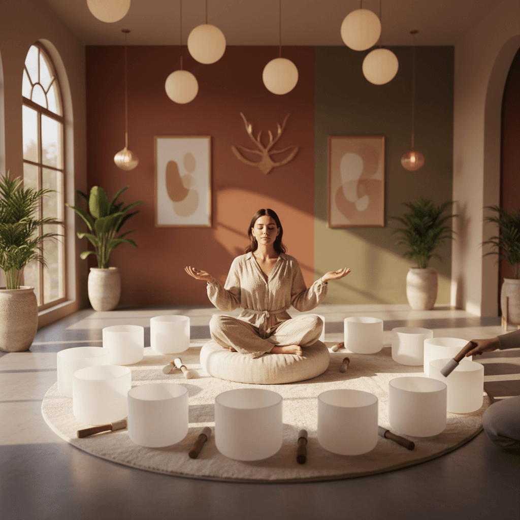 Larissa Steinbach leads a serene sound healing session at Soul Art Dubai, featuring crystal singing bowls and gongs, highlighting the distinction from music therapy.