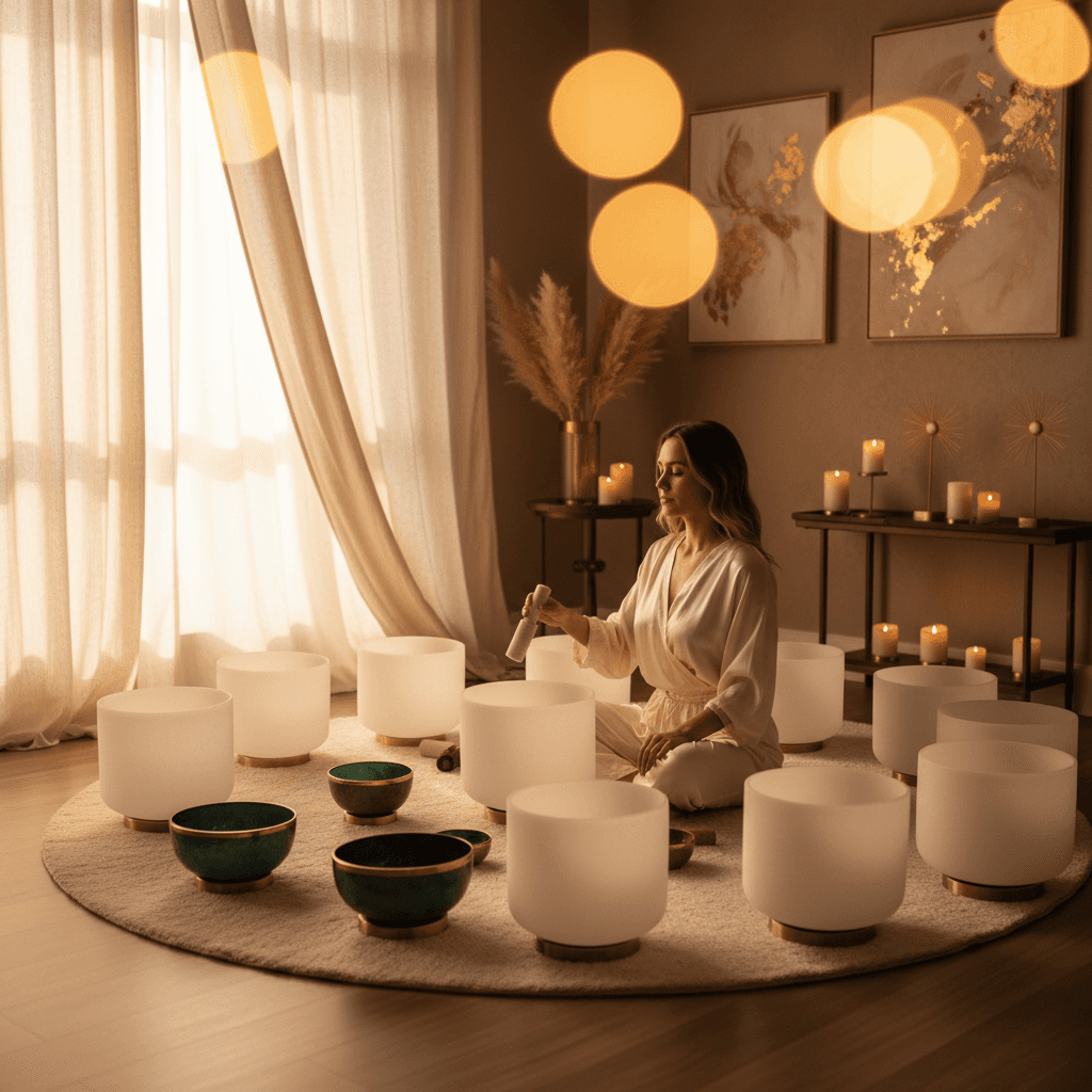 A person in deep relaxation during a sound healing session, with ethereal light and sound waves surrounding them. Soul Art Dubai, founded by Larissa Steinbach, provides advanced wellness experiences.