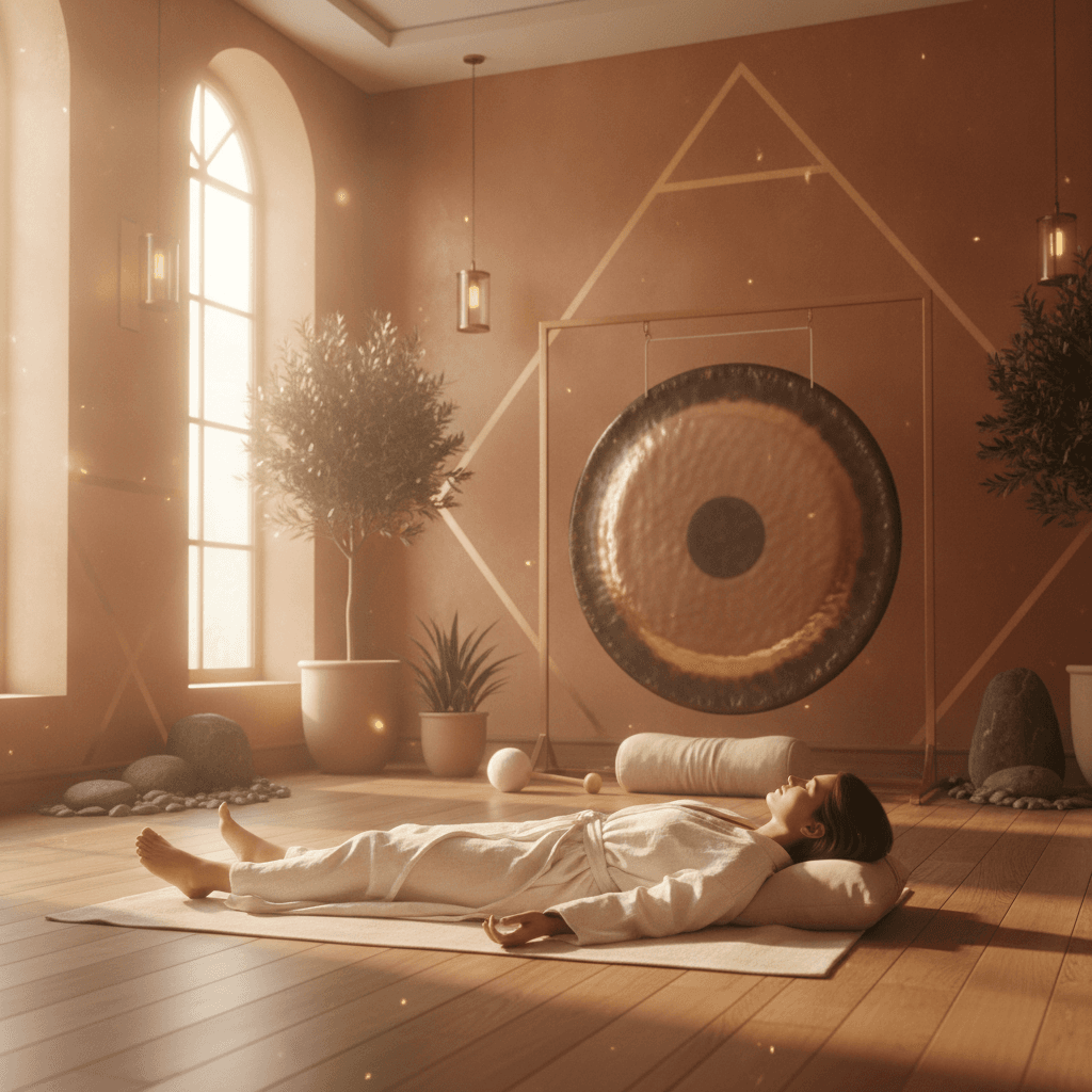Larissa Steinbach leads a tranquil sound bath session at Soul Art Dubai, featuring crystal singing bowls and gongs for deep relaxation and Nada Yoga wellness.
