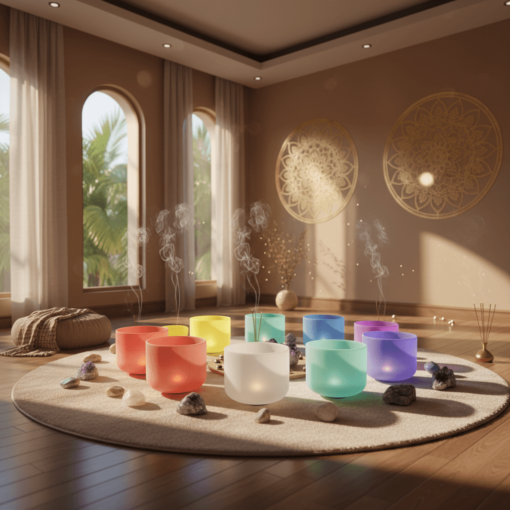 Klangschalen und Gongs in einer ruhigen, luxuriösen Umgebung von Soul Art Dubai, symbolisch für die Aktivierung der Nadis durch Larissa Steinbachs Klang-Wellness.