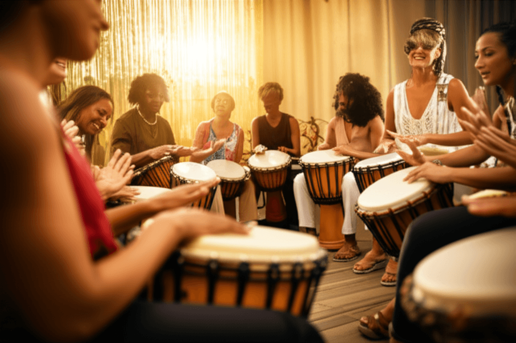 Native American hand drum and drumstick resting on natural fabric, symbolizing the heartbeat of Mother Earth, integrated into wellness practices by Soul Art Dubai founder Larissa Steinbach.